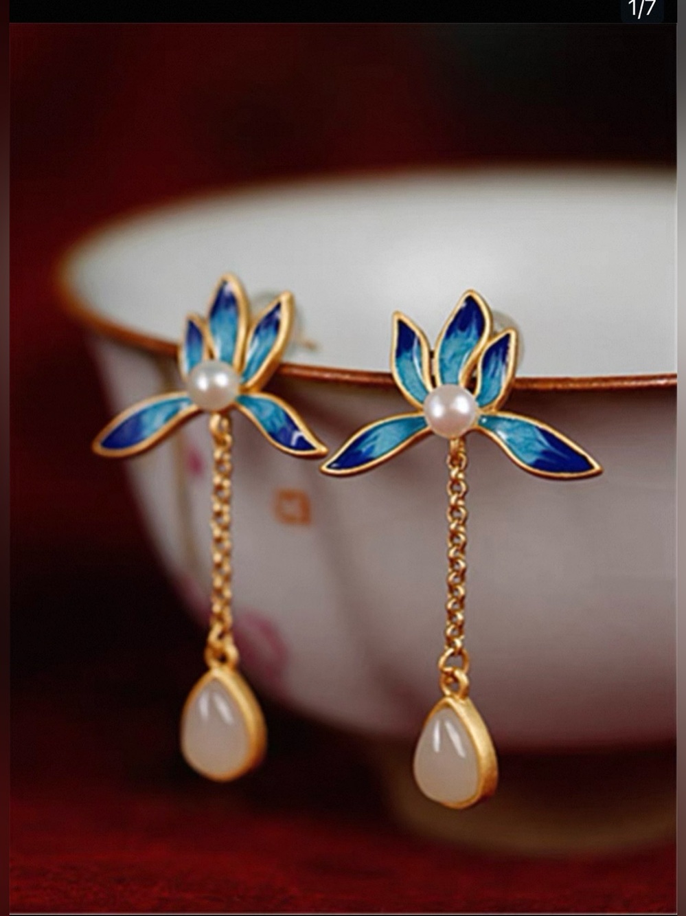 Gold-Trim Blue Enamel Flower Drop Earrings with Pearl Center